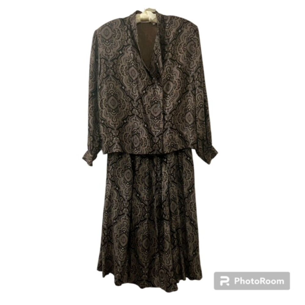 Galinda Wang Brown Paisley Wool Blend Long Sleeve Blouse Midi Skirt Set Sz 12